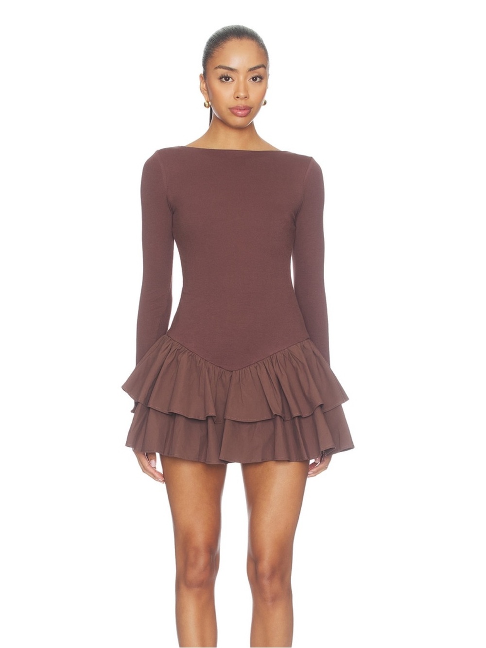 Zara Brown Long-Sleeve Tiered Ruffle Mini Dress